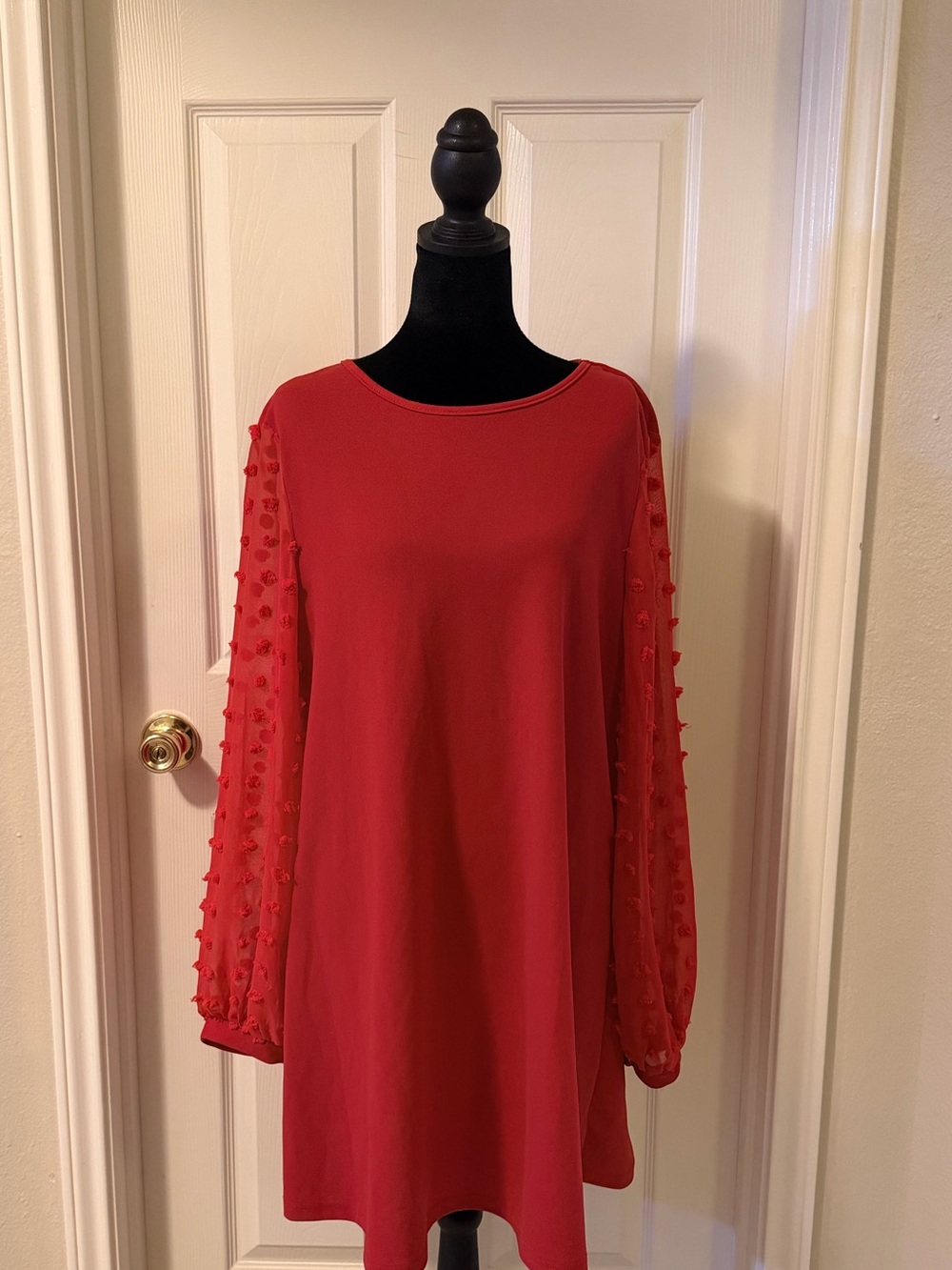 SHEIN Red Long Sleeve Swing Dress with Textured Sheer Sleeves
